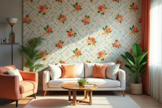 Papier peint tendance avec motifs floraux et géométriques sur un mur décoré