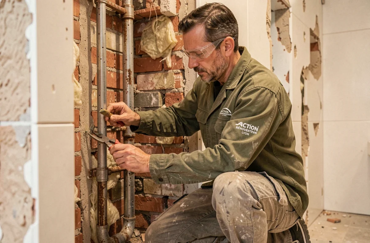 Spécialiste Action Rénovation Lyon retirant de vieilles canalisations dans un appartement en rénovation