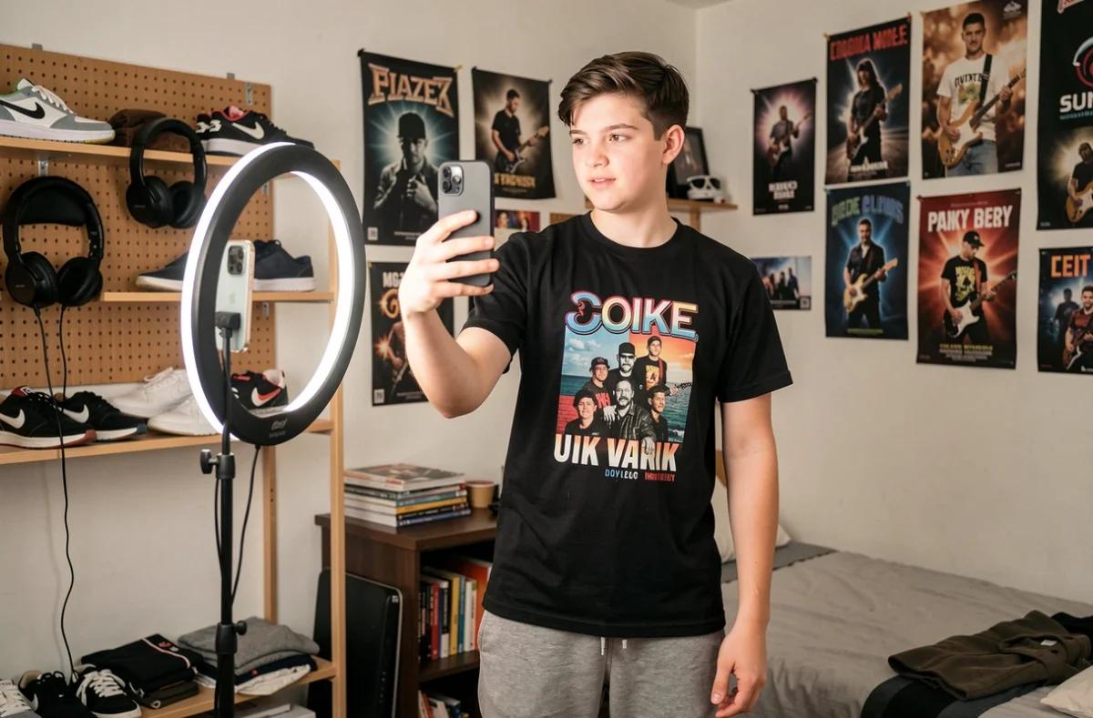 Adolescent enregistrant une vidéo TikTok dans sa chambre avec un anneau lumineux