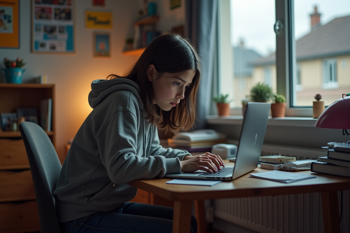 Jeune fille adolescente concentrée sur son ordinateur dans sa chambre