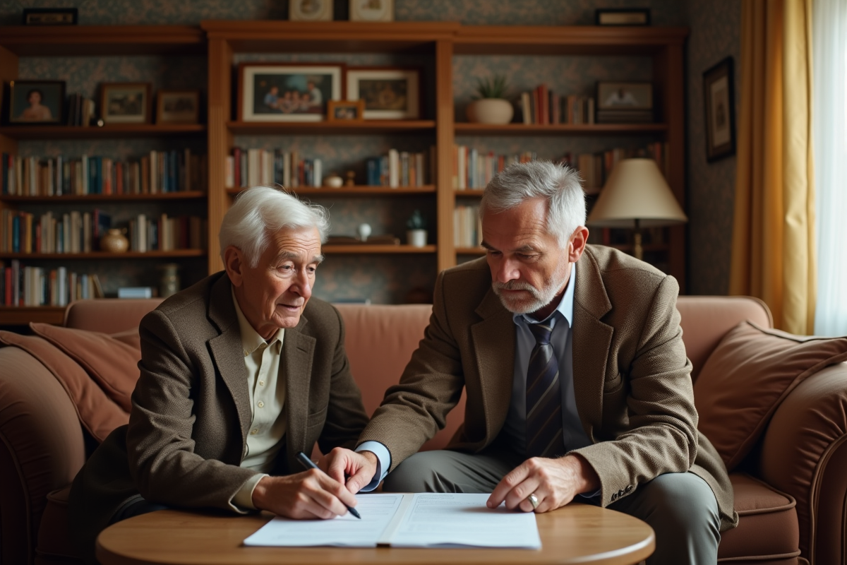 Agent immobilier et propriétaire dans un salon des années 70
