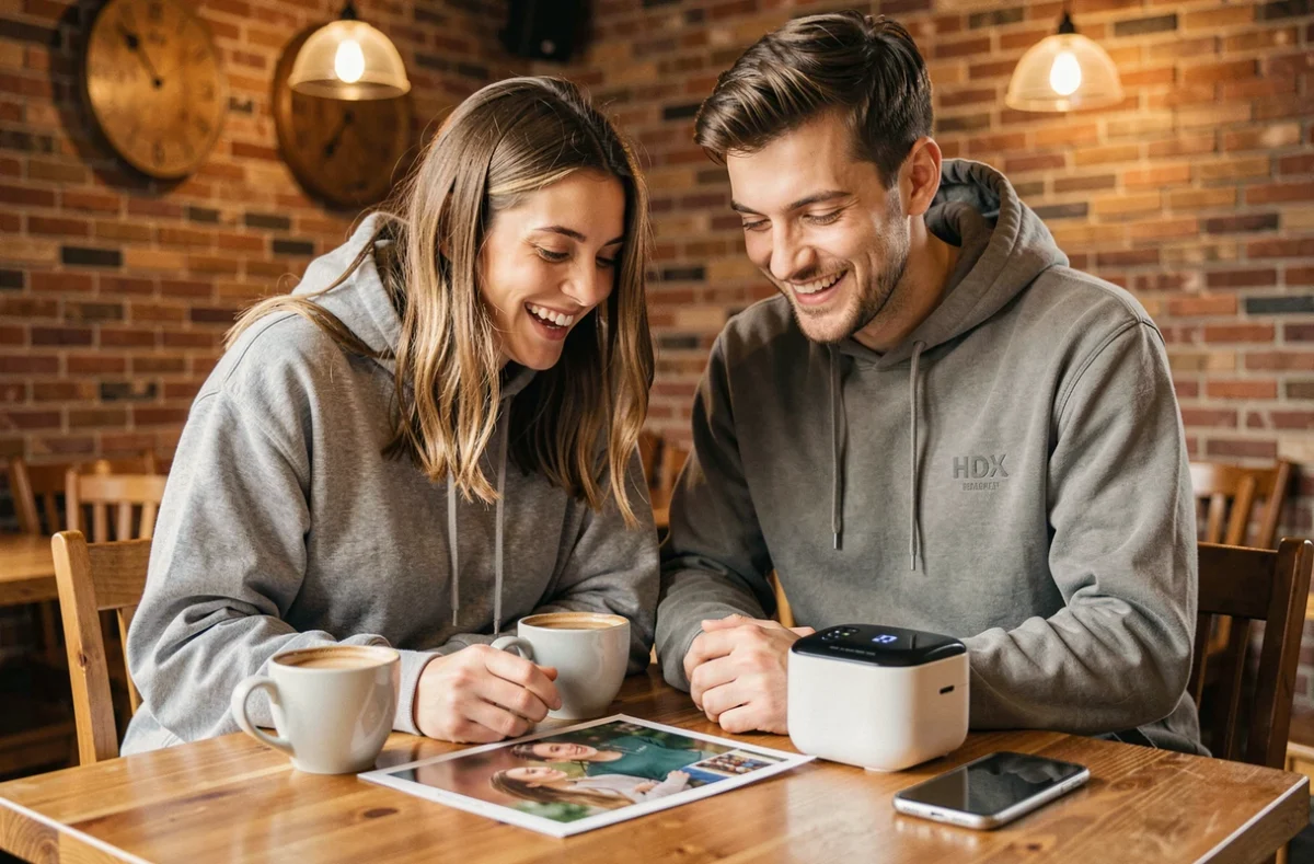 Deux amis dans un café regardant une photo couleur imprimée instantanément depuis un smartphone grâce à une petite imprimante portable posée sur la table