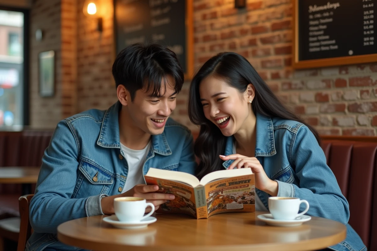 Deux amis discutant avec enthousiasme d'un chapitre de One Piece autour d'un café dans un café urbain