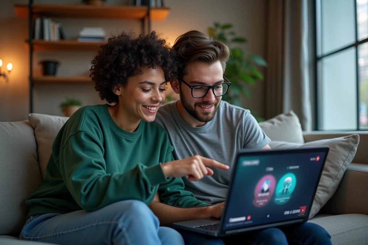 Deux amis adultes discutant de stratégie de déplacement sur un jeu vidéo RPG devant un ordinateur portable dans un salon moderne