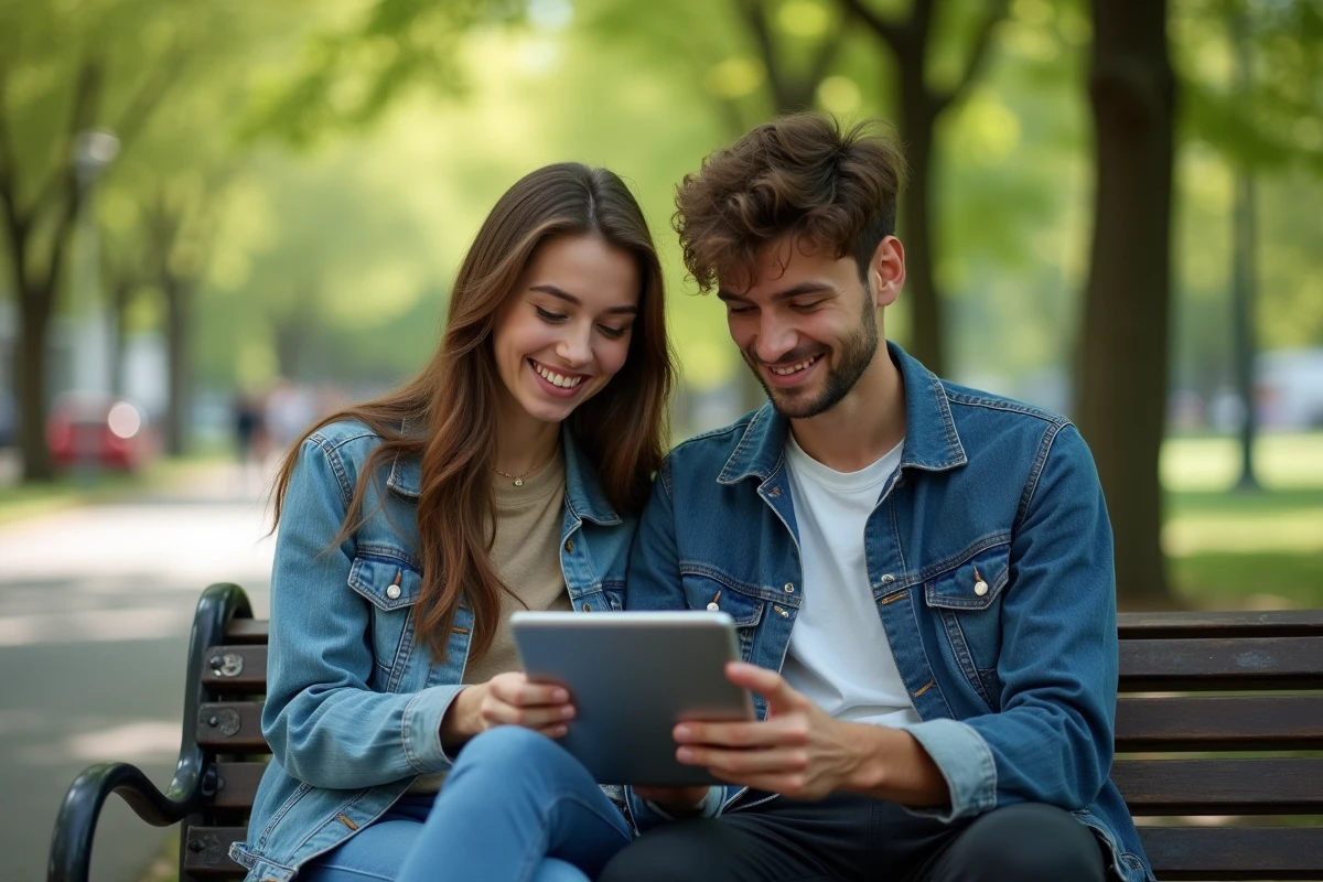 Deux amis lisant un webtoon ensemble sur une tablette assis sur un banc dans un parc urbain