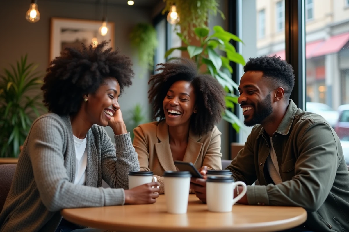 Groupe d'amis noirs partageant un moment de rire autour d'un mème sur smartphone dans un café urbain moderne