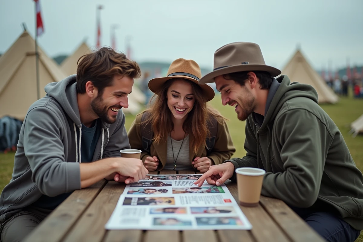 Groupe d'amis planifiant leur programme au camping des Vieilles Charrues autour d'un livret de festival