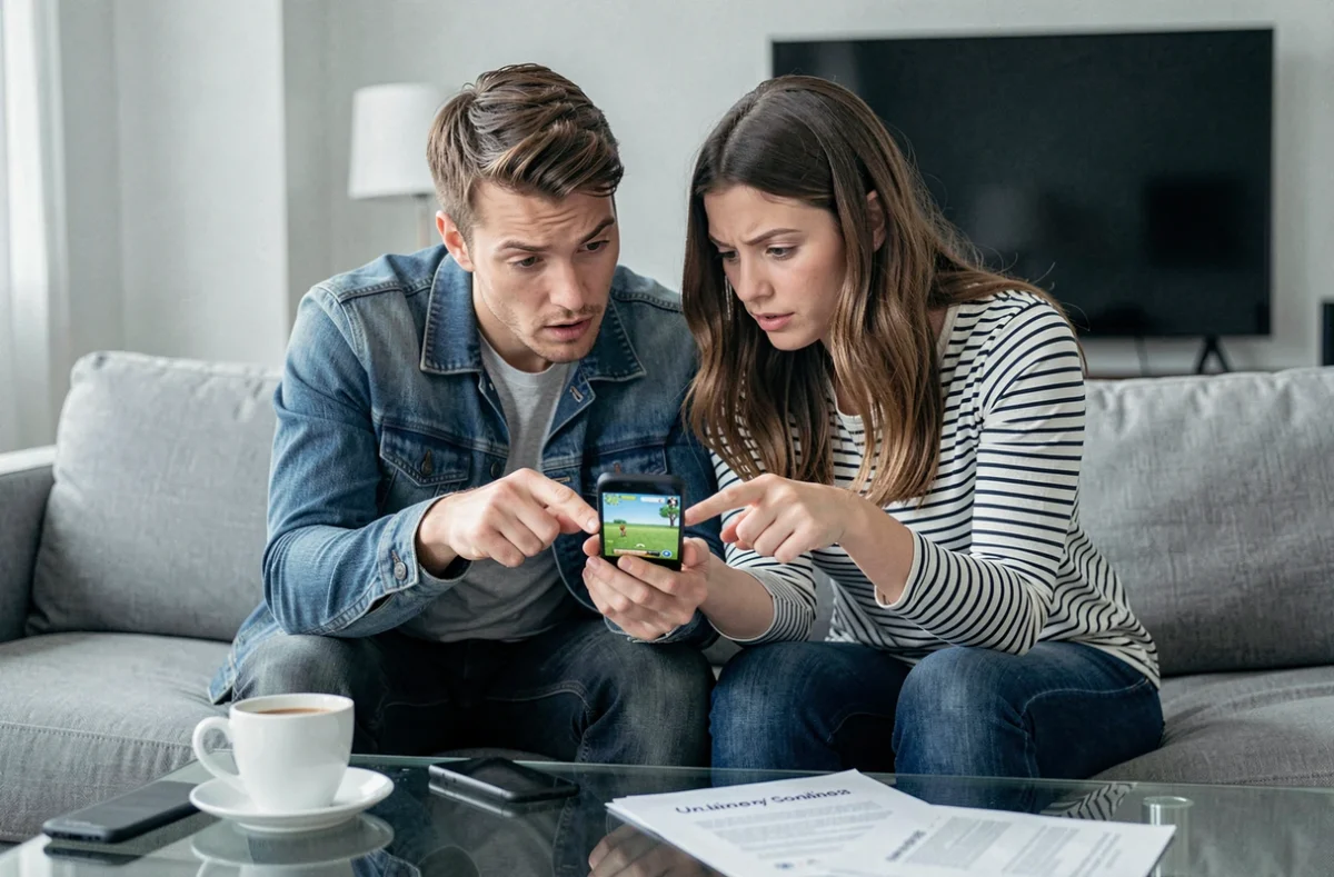 Deux amis examinant ensemble un lien de dés gratuit Monopoly GO sur un smartphone pour éviter les arnaques