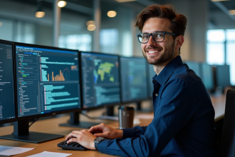 Jeune analyste cybersécurité au bureau avec écrans de code