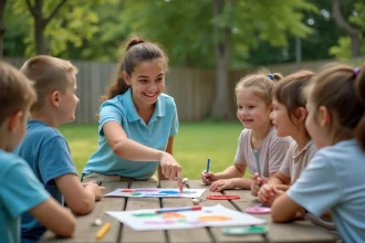 Jeune animatrice BAFA débutante encadrant des enfants lors d'une activité manuelle en plein air dans un centre de loisirs