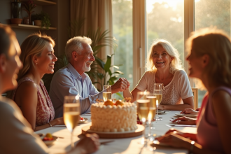 Couple mature célébrant 38 ans de mariage lors d'un dîner élégant