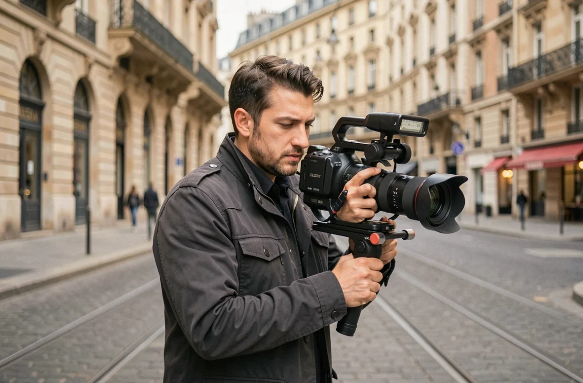 Vidéaste polyvalent filmant en extérieur dans les rues de Bordeaux