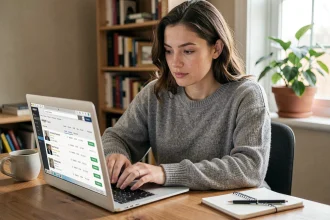 Femme consultant sa commande Amazon sur un ordinateur portable dans un bureau à domicile pour l'archiver