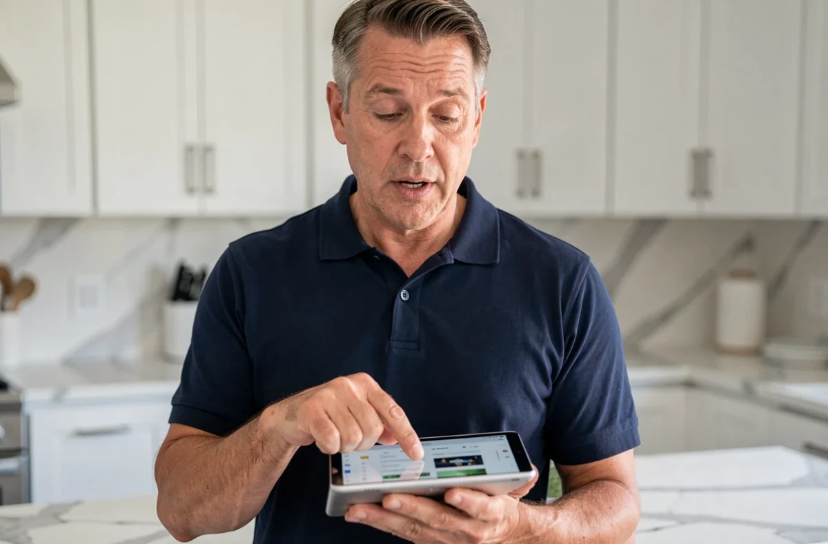 Homme utilisant une tablette pour archiver une commande Amazon dans une cuisine moderne
