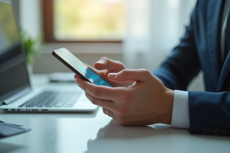 Jeune professionnel utilisant une application bancaire sécurisée