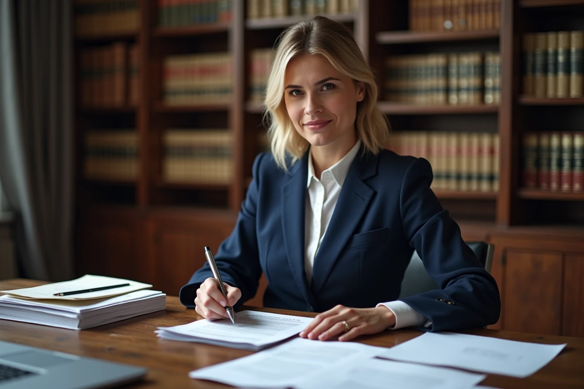 Avocate annotant un jugement de débouté à son bureau dans un cabinet juridique rempli de dossiers