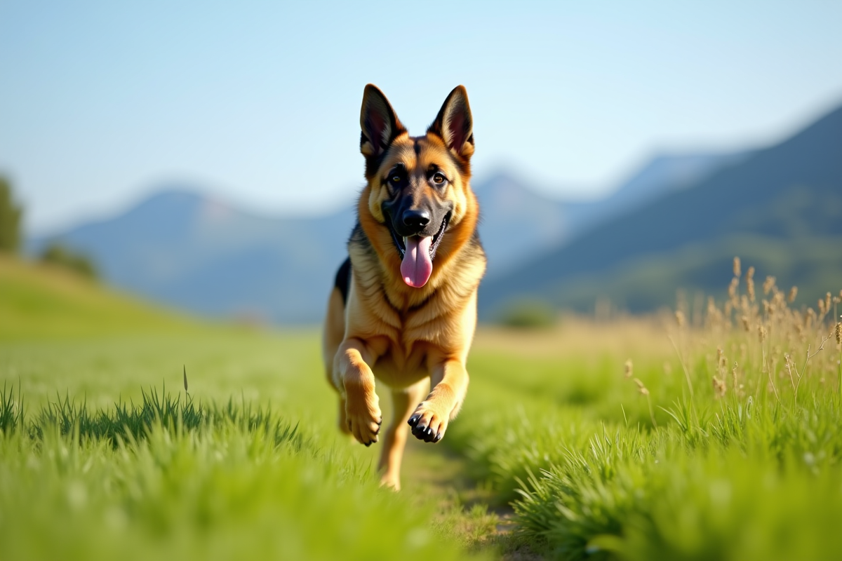 Chien berger allemand courant dans un champ vert en pleine nature