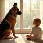 Chien berger allemand royal assis dans un salon lumineux avec un enfant