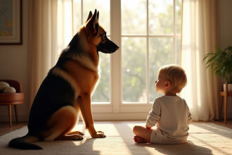 Chien berger allemand royal assis dans un salon lumineux avec un enfant