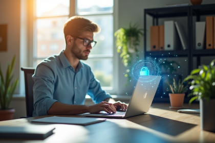 Personne travaillant sur un ordinateur avec un hologramme de cadenas numérique