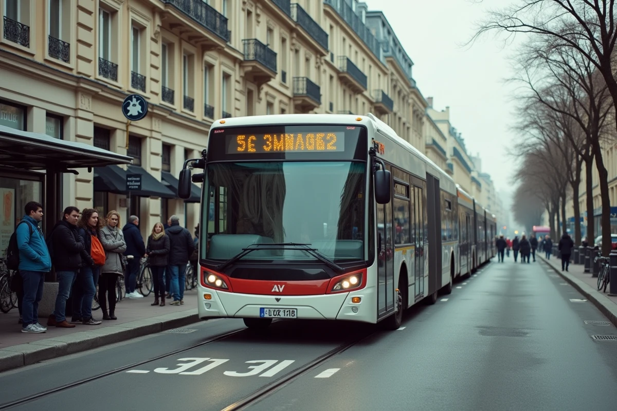 Bus de la ligne 91 arrivant à l'arrêt avec des voyageurs attendant sur le trottoir en ville