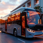 Bus de luxe moderne avec sièges en cuir devant un hôtel