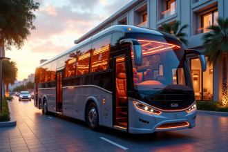Bus de luxe moderne avec sièges en cuir devant un hôtel