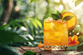 Cocktail Passoa coloré dans un verre avec des fruits exotiques
