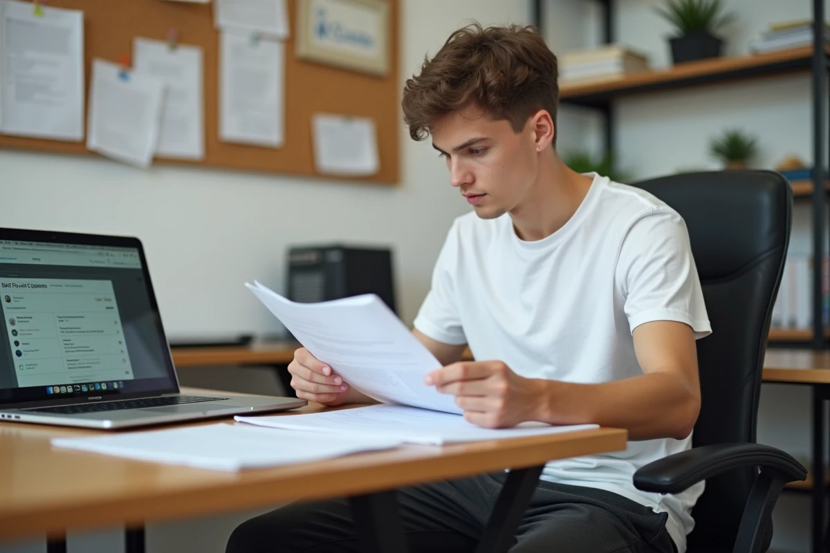 Jeune homme titulaire du BAFA préparant sa candidature pour un poste d'animateur débutant avec son diplôme visible