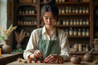 Jeune femme dans un cabinet d'apothicaire arrangeant des flacons et herbes séchées, ambiance vintage et studieuse