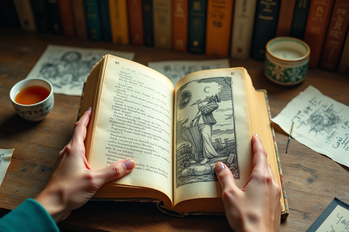 Mains feuilletant les pages illustrées d'un manga de l'Apothicaire posé sur un bureau encombré de notes manuscrites