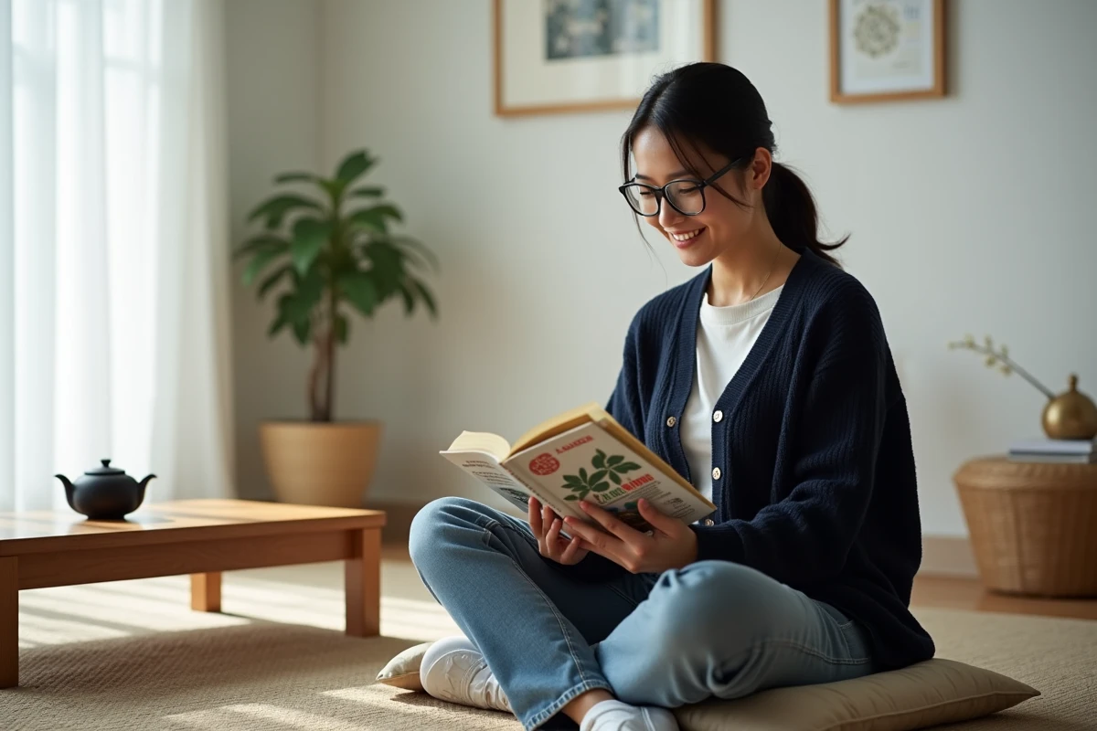 Femme lisant un volume du manga l'Apothicaire dans un salon japonisant moderne, ambiance calme et studieuse
