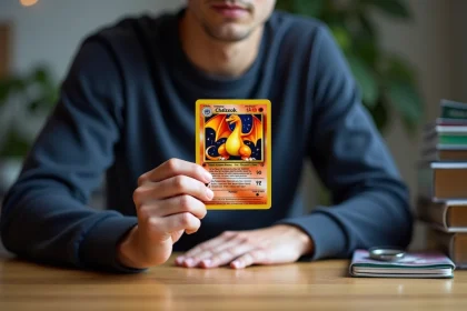 Collectionneur tenant une rare carte Dracaufeu holographique Pokémon entre ses doigts, détails de surface visibles