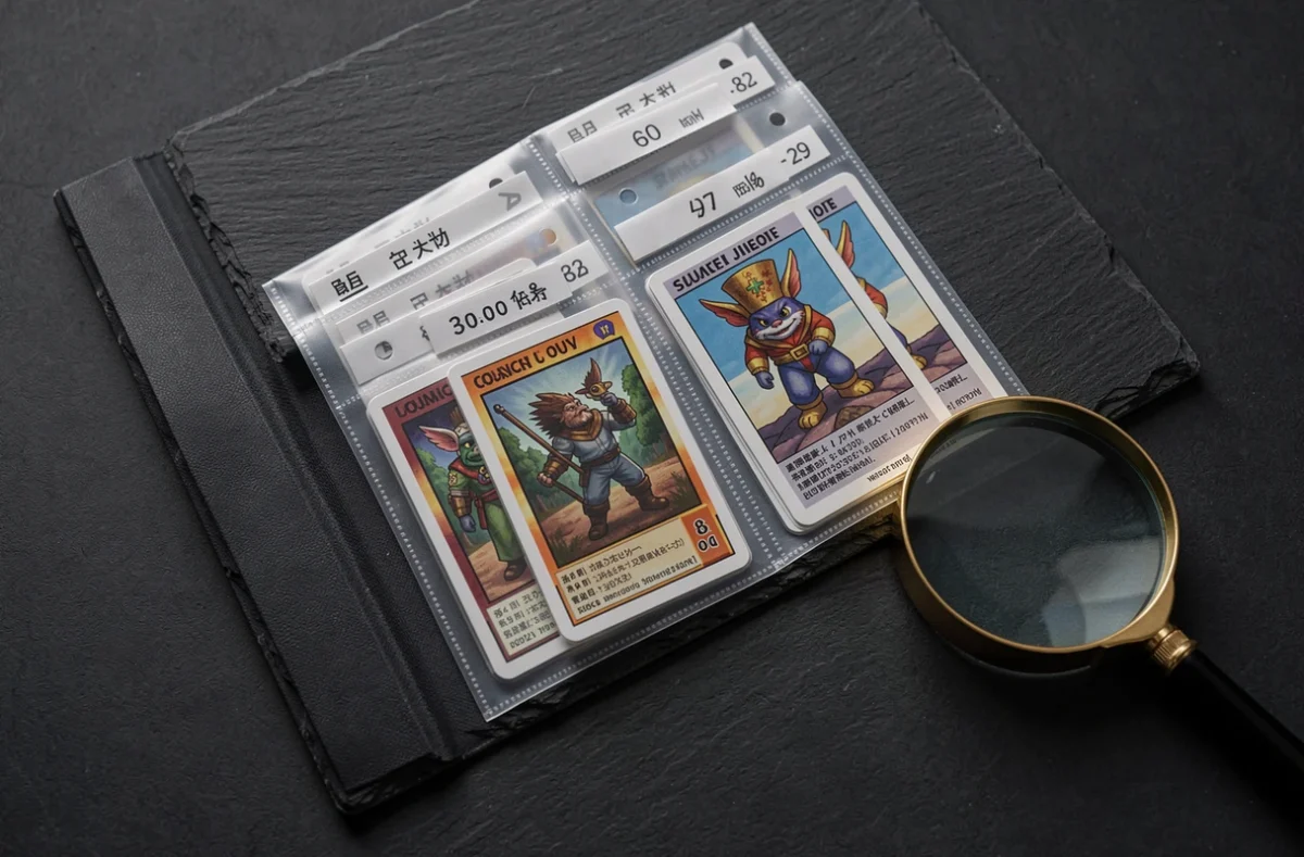 Cartes de collection placées dans des pochettes de protection transparentes dans un classeur sur fond ardoise
