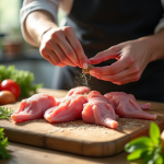 Chef assaisonnant des morceaux de lapin cru sur une table en bois