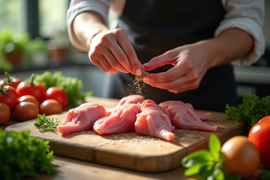 Chef assaisonnant des morceaux de lapin cru sur une table en bois