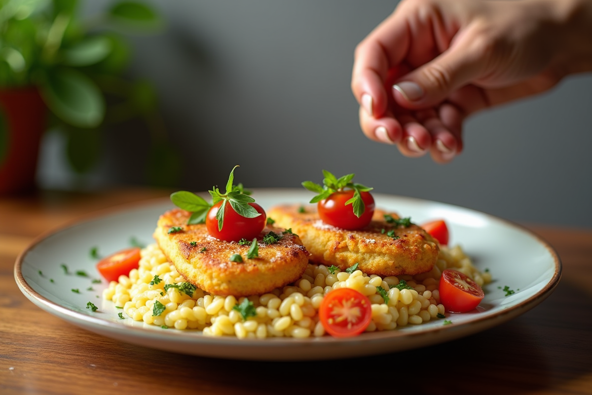 Chef dressant un risotto au parmesan avec côtelette