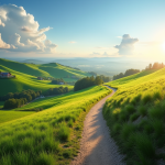 Sentier de randonnée dans des collines vertes sous un ciel bleu