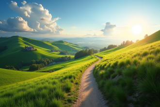 Sentier de randonnée dans des collines vertes sous un ciel bleu