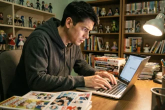 Jeune homme frustré cherchant un serveur Discord de scans manga introuvable sur son ordinateur portable