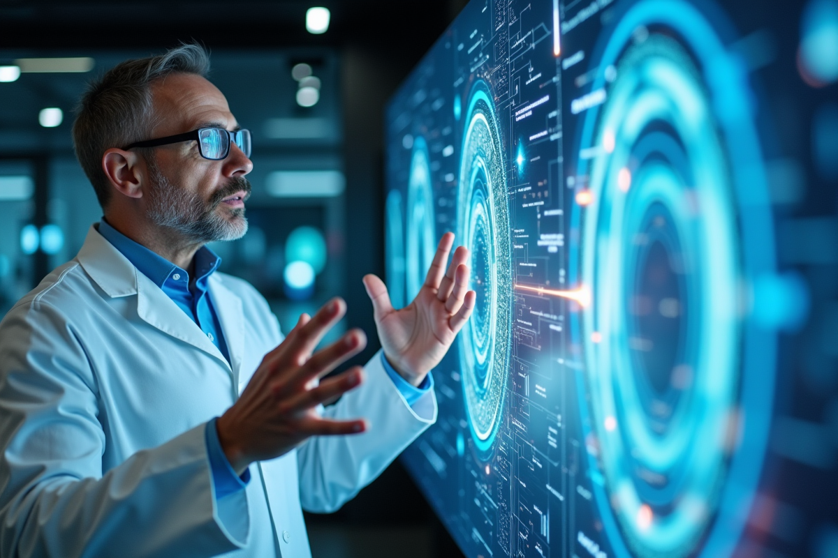 Chercheur en laboratoire avec ecran de simulation quantique