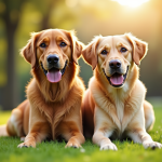 Golden retriever et labrador côte à côte dans un parc ensoleille