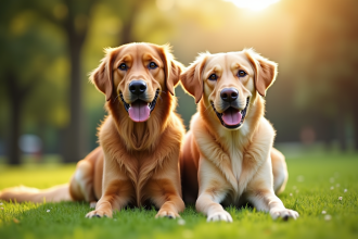 Golden retriever et labrador côte à côte dans un parc ensoleille