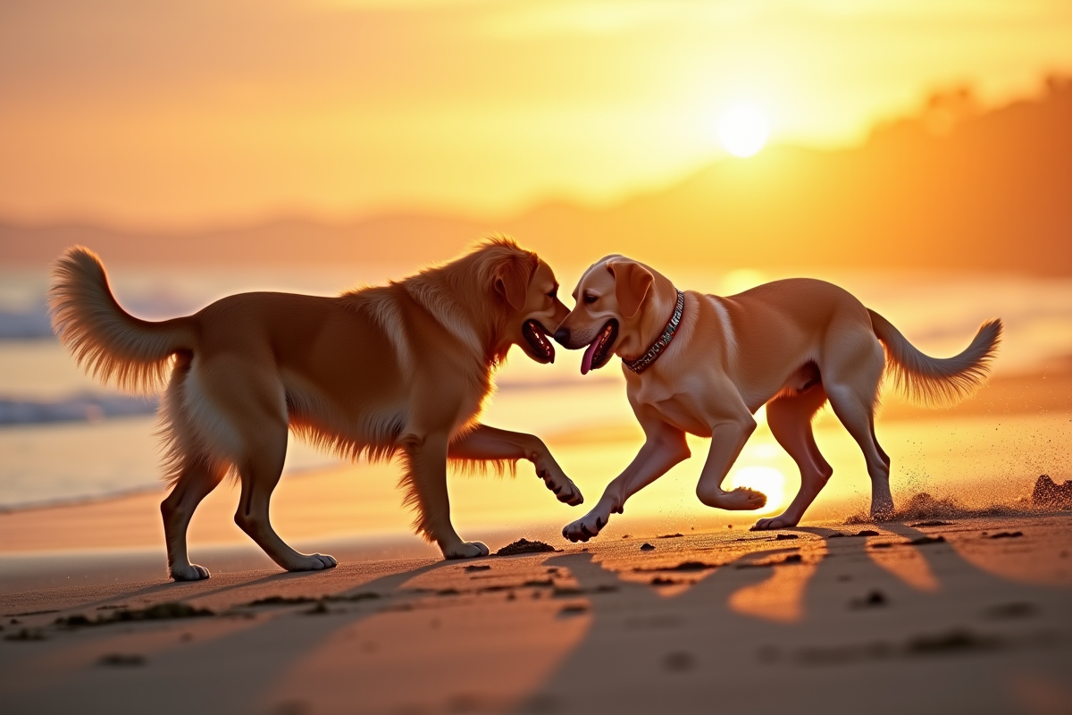 Golden retriever et labrador jouant sur la plage au coucher du soleil
