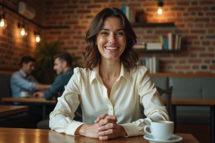 Femme souriante dans un café dissimulant sa jalousie, illustration de l'hypocrisie et des émotions déguisées