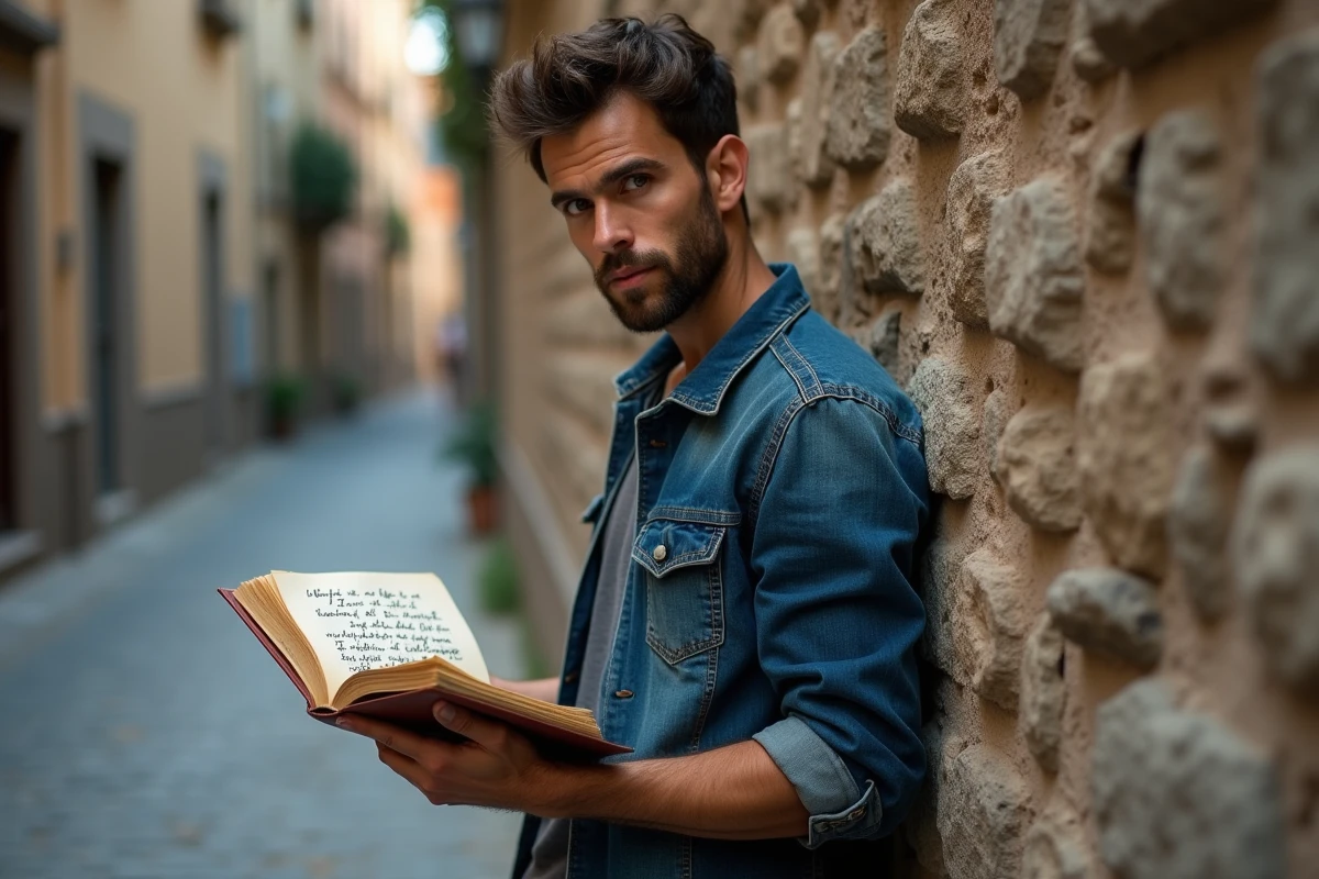 Homme lisant une citation sur la jalousie et l'hypocrisie dans une ruelle urbaine, concept d'émotions déguisées et de duplicité