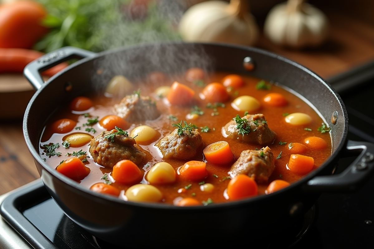 Civet de lapin mijotant dans une cocotte avec légumes et herbes