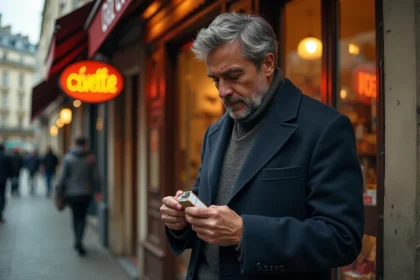 Homme élégant devant une civette parisienne traditionnelle examinant un paquet de cigarettes sur les pavés d'un boulevard haussmannien