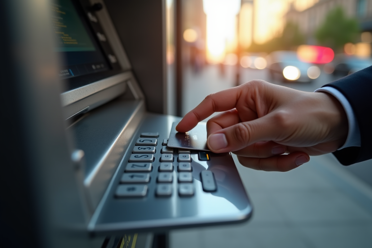 Mains manipulant une carte bancaire et un clavier ATM sécurisé