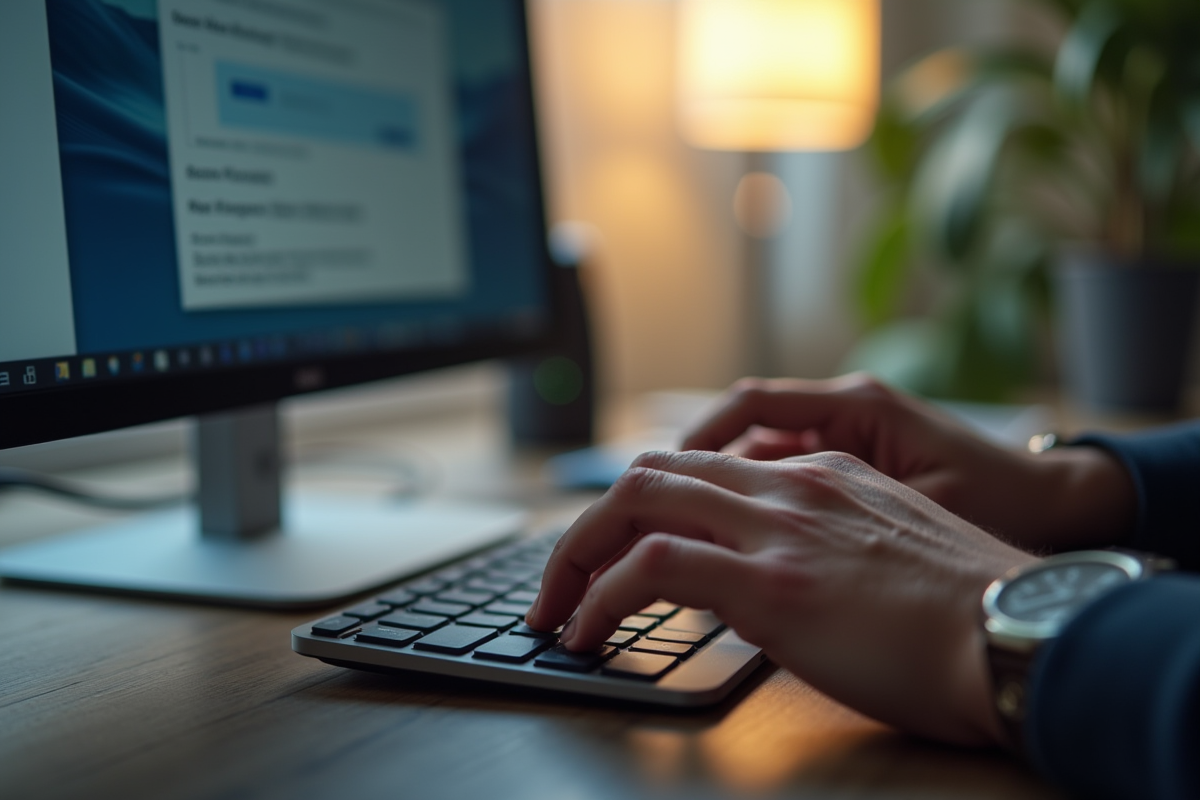 Mains tapant sur un clavier avec un forum en arrière-plan
